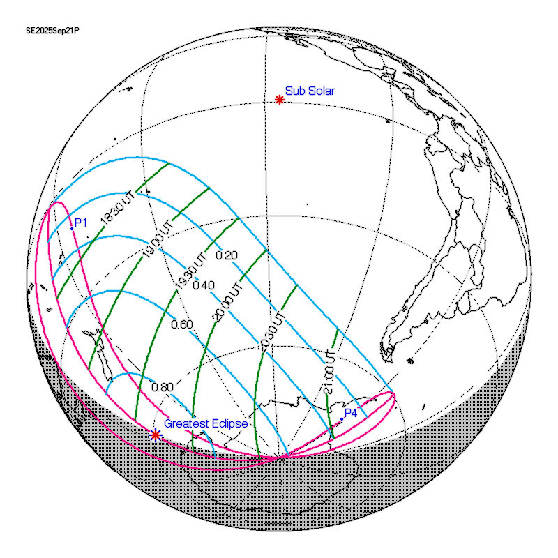 Зона видимости частного солнечного затмения 21 сентября 2025 года (внутри голубых и малиновых линий)