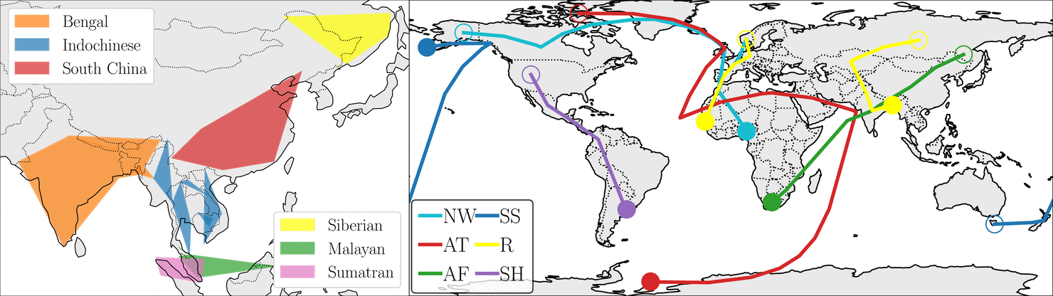 Как утверждает GPT-4, так выглядят ареал обитания 6 подвидов Panthera tigris (слева) и основные миграционные трассы обыкновенной камёнки (NW), полярной крачки (AT), амурского кобчика (AF), тонкоклювого буревестника (SS), турухтана (R), свенсонова канюка или сарыча Свенсона (SH). arXiv:2306.00020