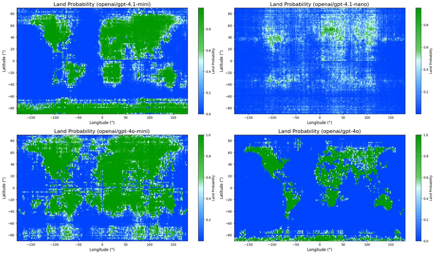 Карты мира от GPT-4.1-mini, GPT-4.1-nano, GPT-4o-mini и GPT-4o. Генри