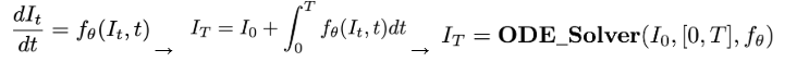 здесь все, чем мы управляем, это только обученная функция f, которая принимает на вход текущее состояние I и время t (левое изображение). Далее все отрабатывается автоматически с помощью ODE solvers из, например, библиотеки torchdiffeq