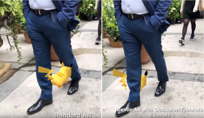 Виртуальный персонаж может скрыться за реальным предметом. В недавних показах Pikachu бегал и периодически пропадал из виду, заходя за настоящий куст – нейросеть, обученная на сканах кустов, знала, что перед ней непрозрачный объект, и не прорисовывала покемона поверх него. 
