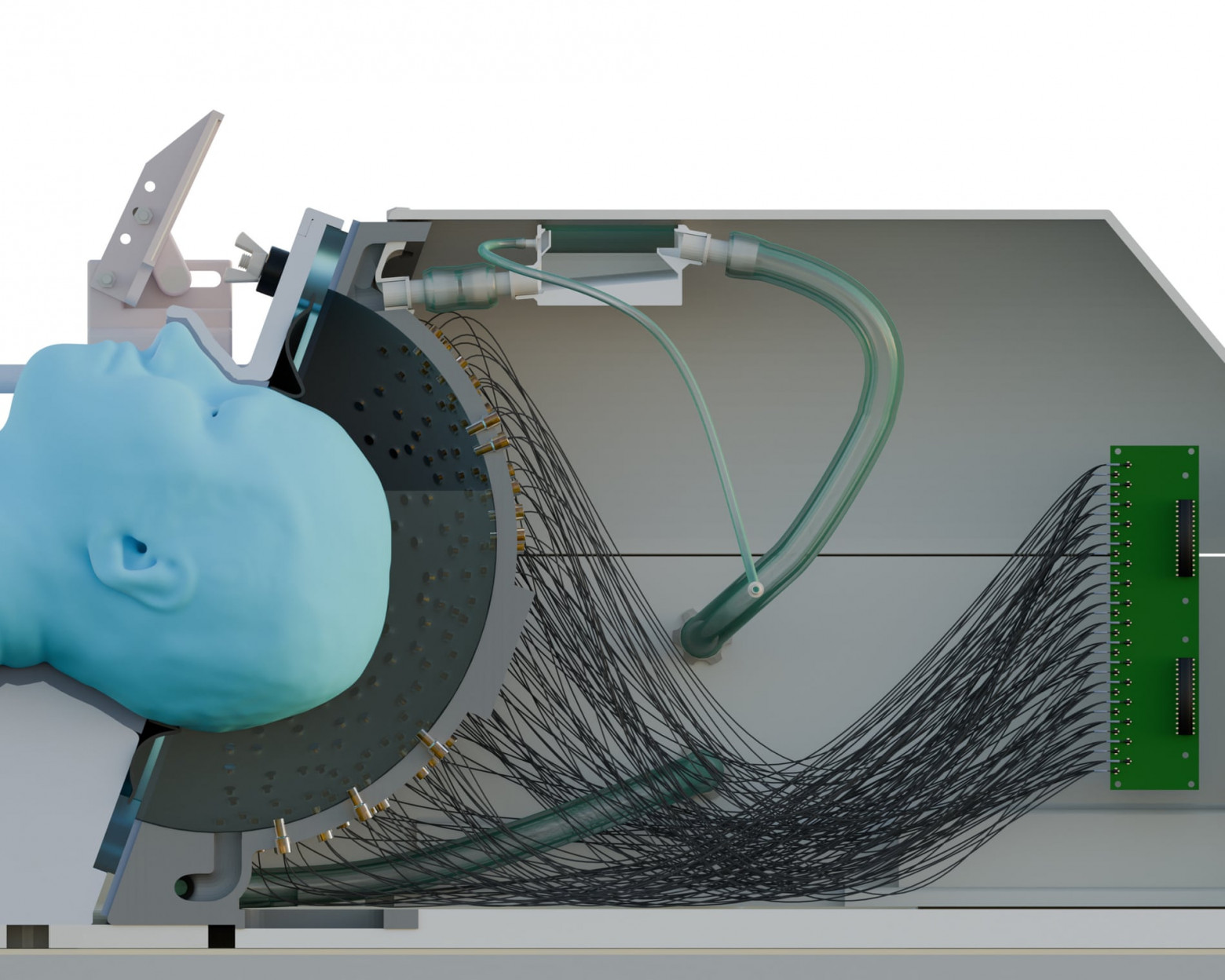 Поперечное сечение заполненного водой ультразвукового шлема, показывающее источники ультразвука, которые передают сфокусированные волны в мозг.