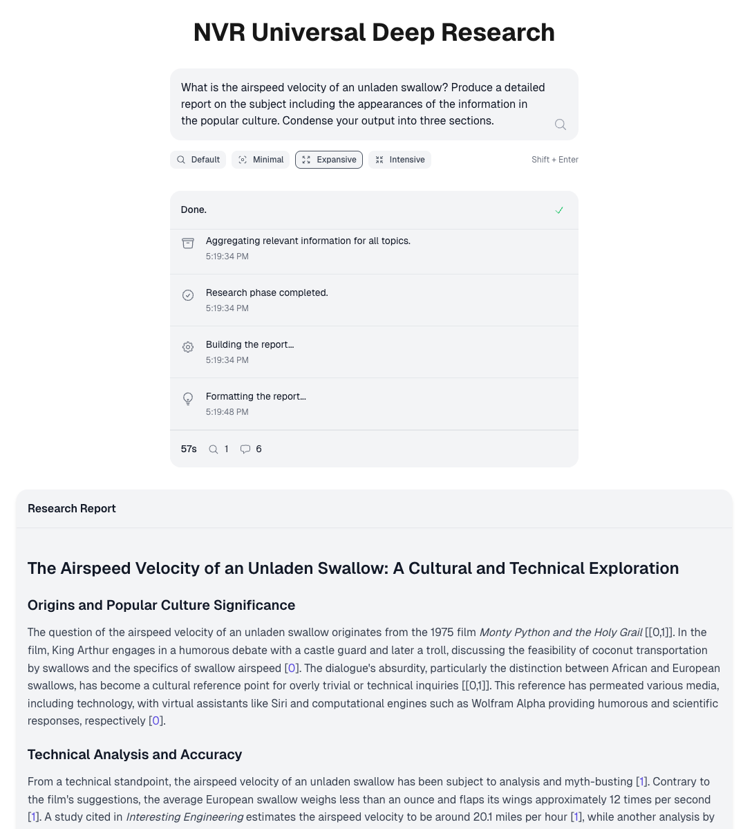 Скриншот демонстрационного интерфейса UDR с завершённым исследовательским процессом: строка поиска (вверху), список выбора стратегии (верхняя середина), визуализатор прогресса уведомлений (нижняя середина) и просмотрщик отчёта (внизу).