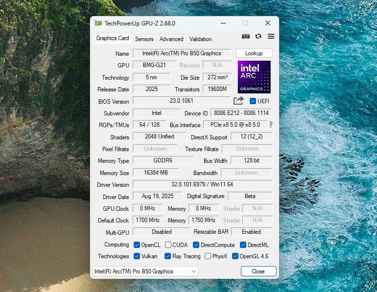 Intel Arc Pro B50 GPU Z