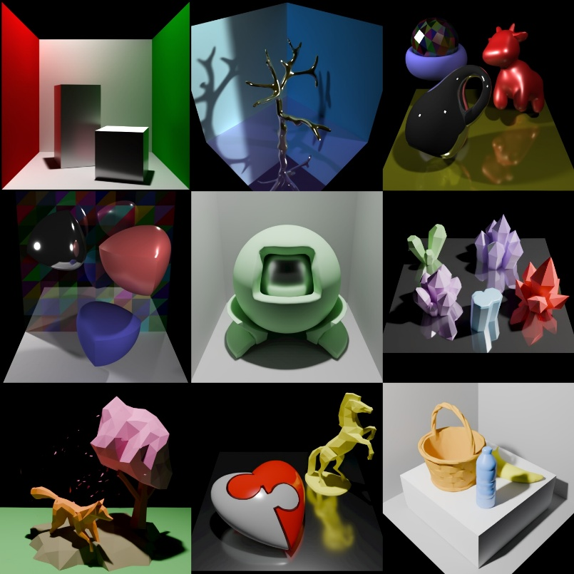 Rendered results of different 3D scenes generated by RenderFormer  