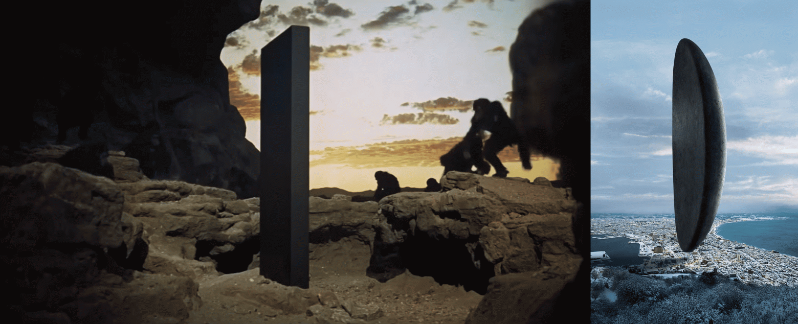 Слева — кадр из фильма «2001 год: космическая одиссея», справа — «Прибытие»