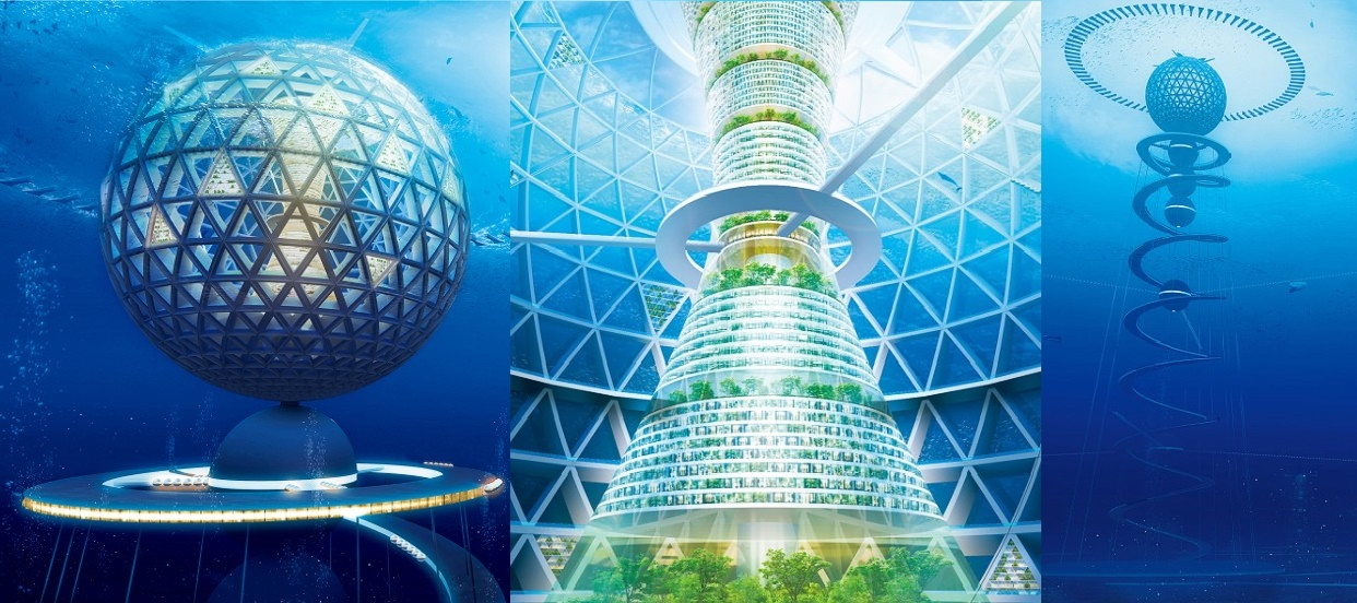Внутри сферы — многоуровневая колонна с городской инфраструктурой, внизу — научные лаборатории, вокруг — общественные зоны с видом на море