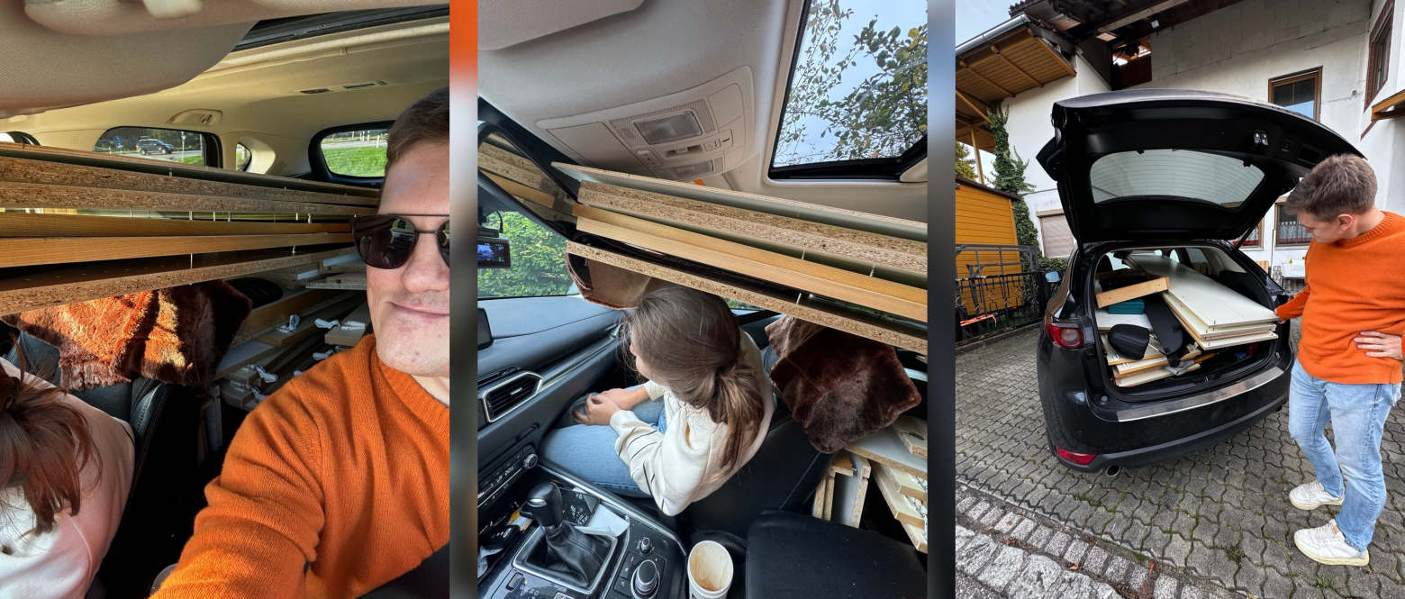 Огромный шкаф мы также купили с рук за 120€. Шкаф 1980-х годов, по прочности и качеству на голову круче, чем IKEA. На фото - как мы его перевозили. Вы бы видели лицо немки, у которой мы его забирали, когда она посмотрела, как жена села в машину. 