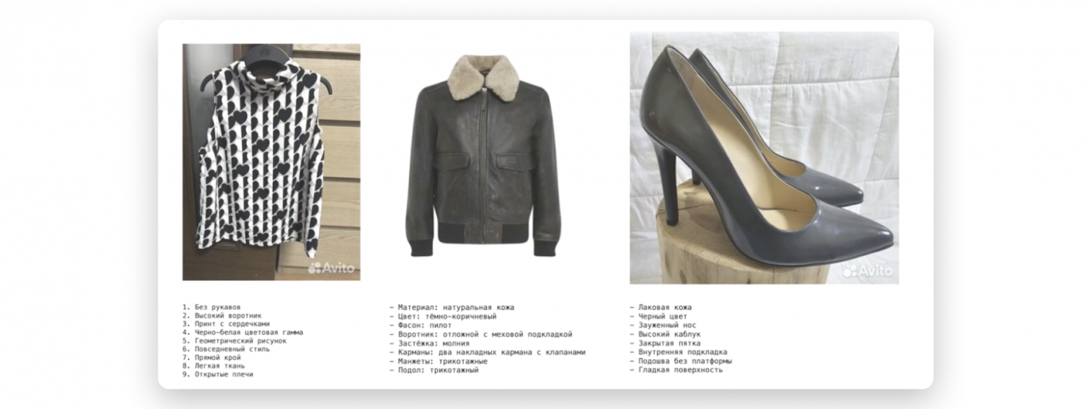Фотографии блузки, куртки и туфель с перечислением основных характеристик