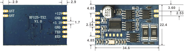 Габаритный чертеж и схема расположения выводов модуля RF125-TX2