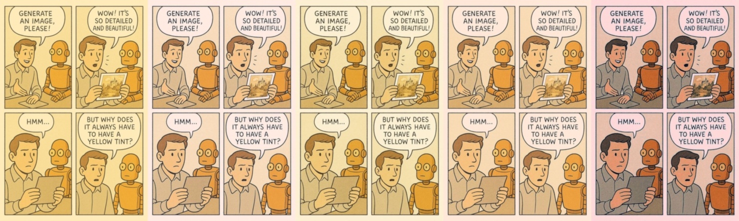 Слева направо: оригинал, корректировка через команду для ImageMagick, GPT-4o Yellow Tint Cleaner на HuggingFace, платный UnYellowGPT, автобаланс белого в Paint.net. Комикс по промптам post-death_wave_core