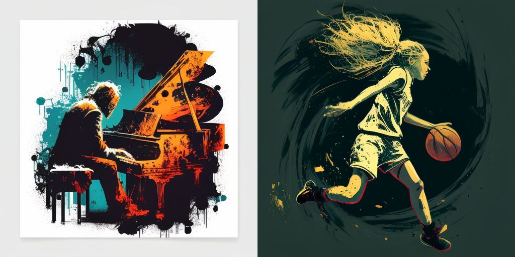 «Пианист играет на пианино» и «девочка играет в баскетбол» в исполнении Midjourney (скорее всего V6, менее вероятно, что V5.2). Fitto DataLab