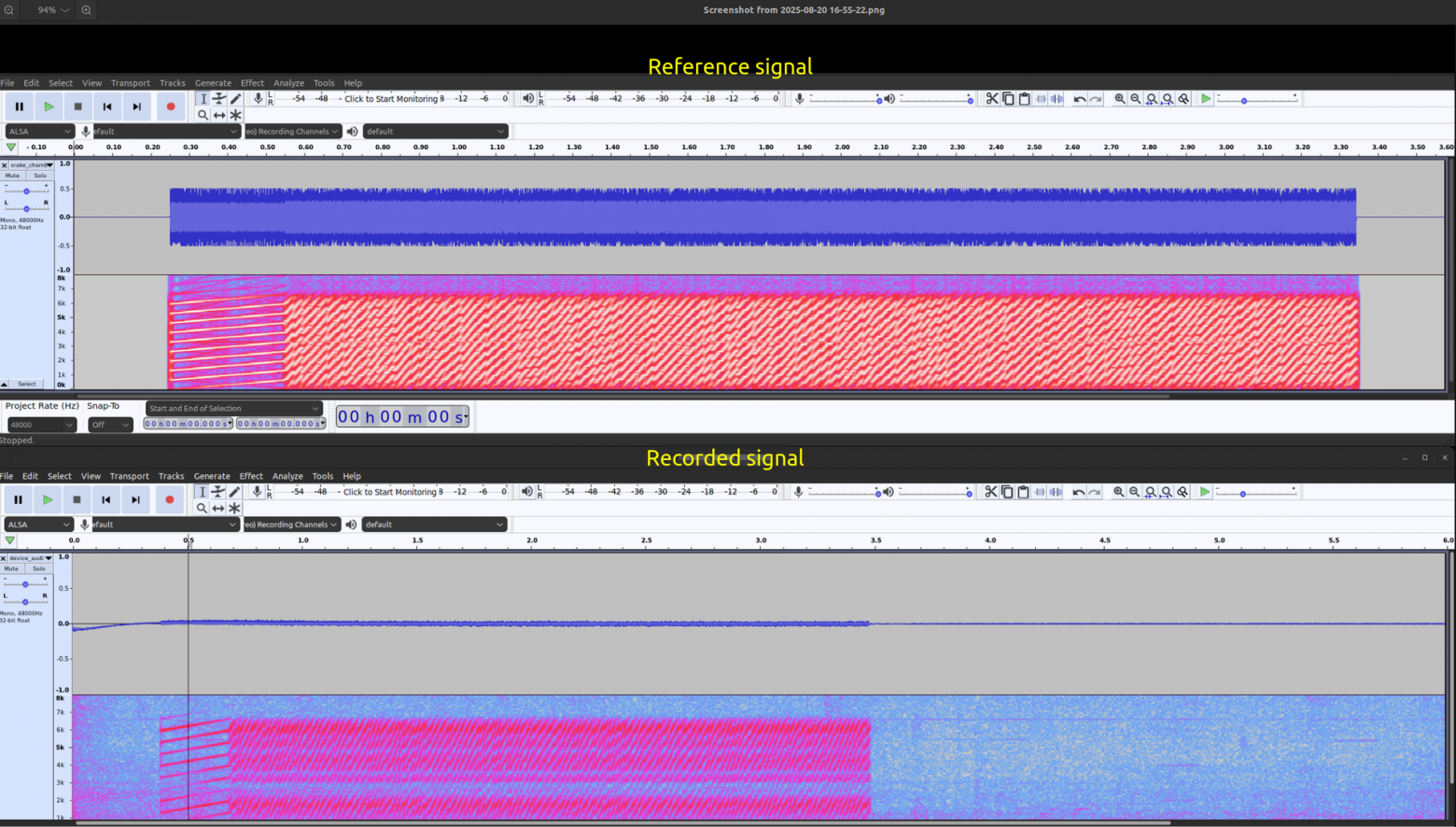 Сверху — примеры эталонного сигнала, снизу — его версии, записанные микрофоном устройства