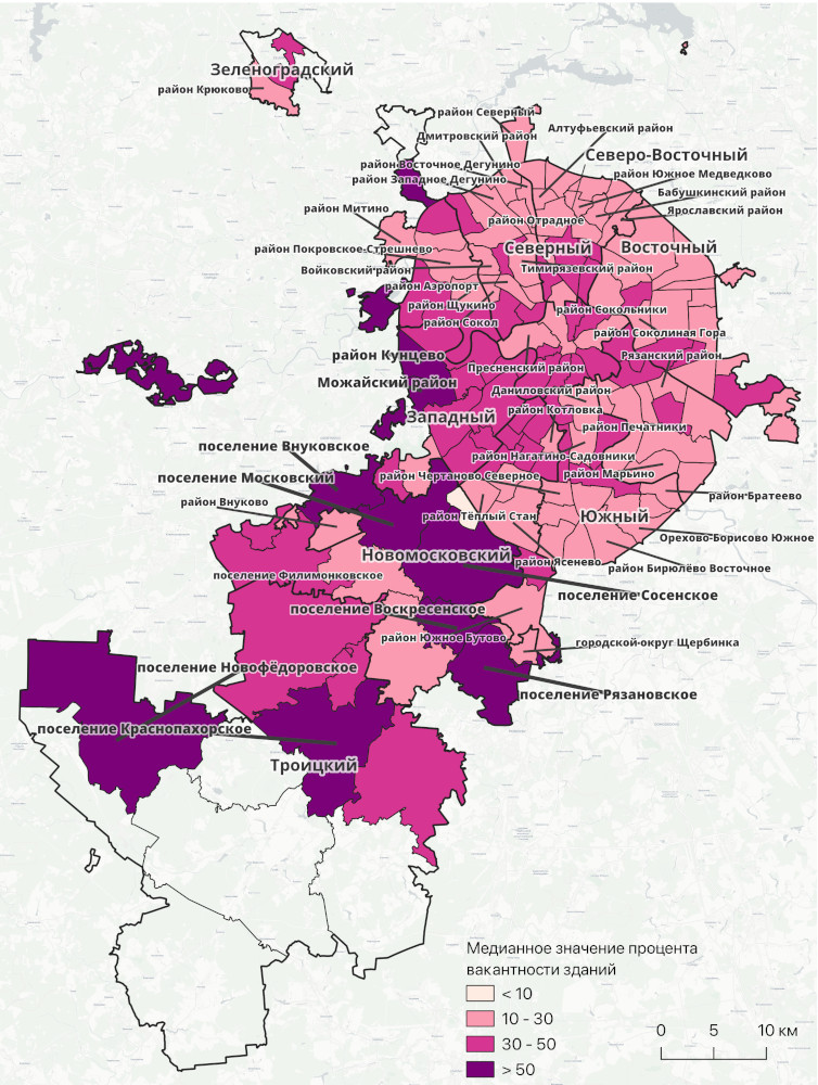 Медианная вакантность жилья по районам Москвы