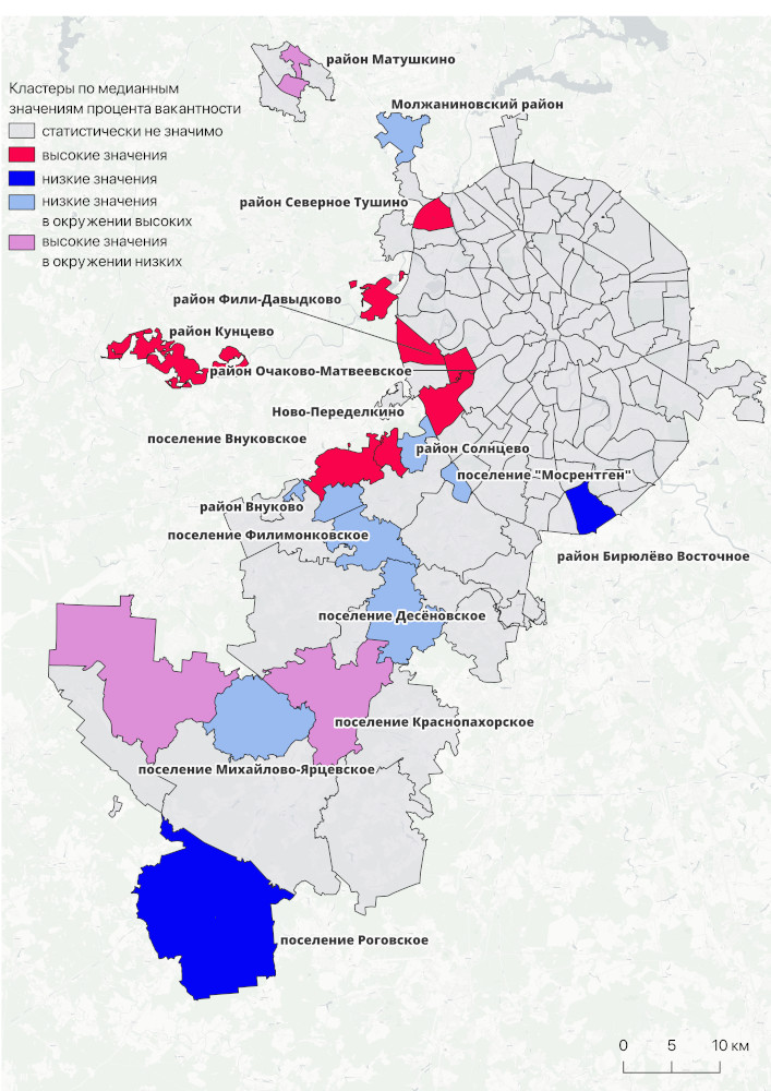 Кластеры локальной пространственной автокорреляции по медианной вакантности жилья в районах Москвы