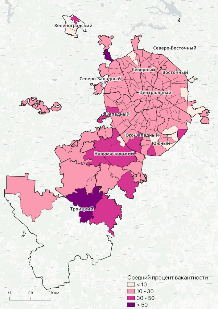 Вакантность по районам Москвы, посчитанная обновлённым методом
