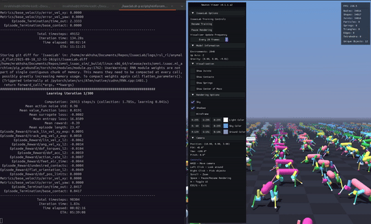 Gif showing a time-lapse of RL training visualized using the Newton Visualizer, with quadrupeds on the right and code on the left.