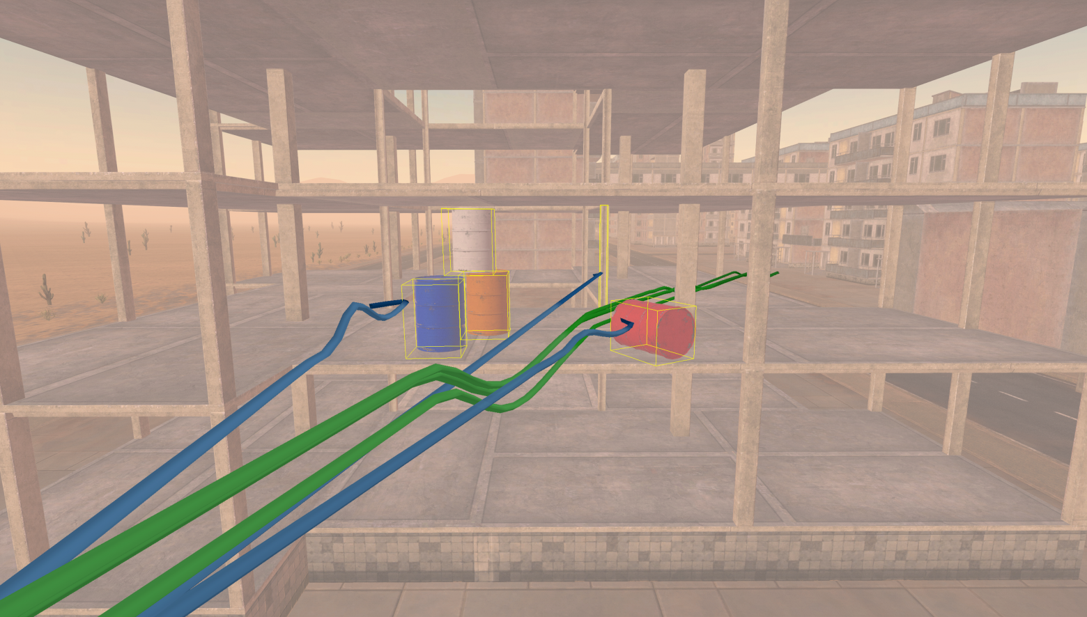Качественное сравнение траекторий полёта в симуляторе: новый метод — зелёная, PIVOT — синяя, TypeFly — фиолетовая. Отсутствие цветного пути означает, что базовый метод не смог выдать команду полёта.