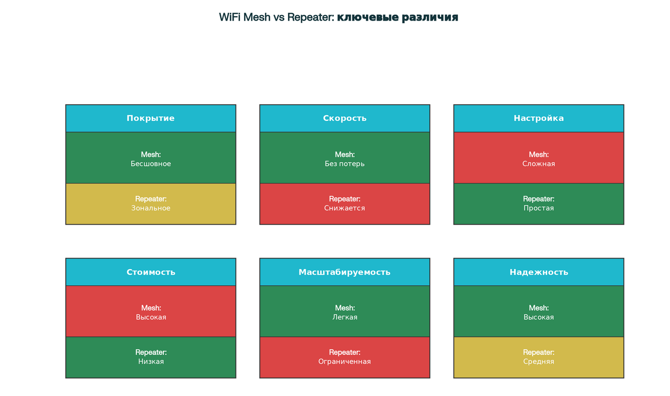 Карточки сравнения основных характеристик WiFi Mesh и Repeater 