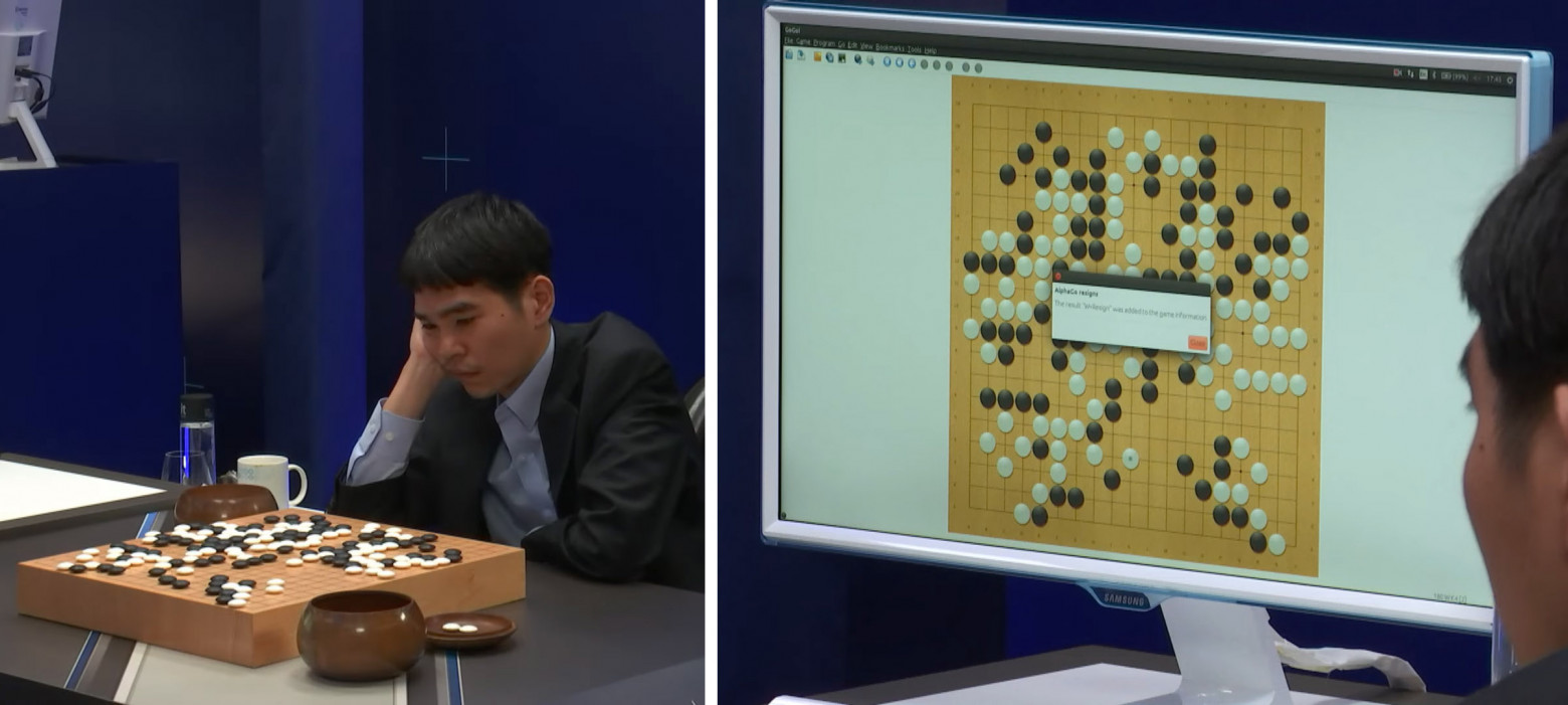 Ли Седоль чувствует себя хорошо после первой победы 3:1 против AlphaGO спустя почти 6 часов игры. "AlphaGo resigns", — скромно сообщает машина.  