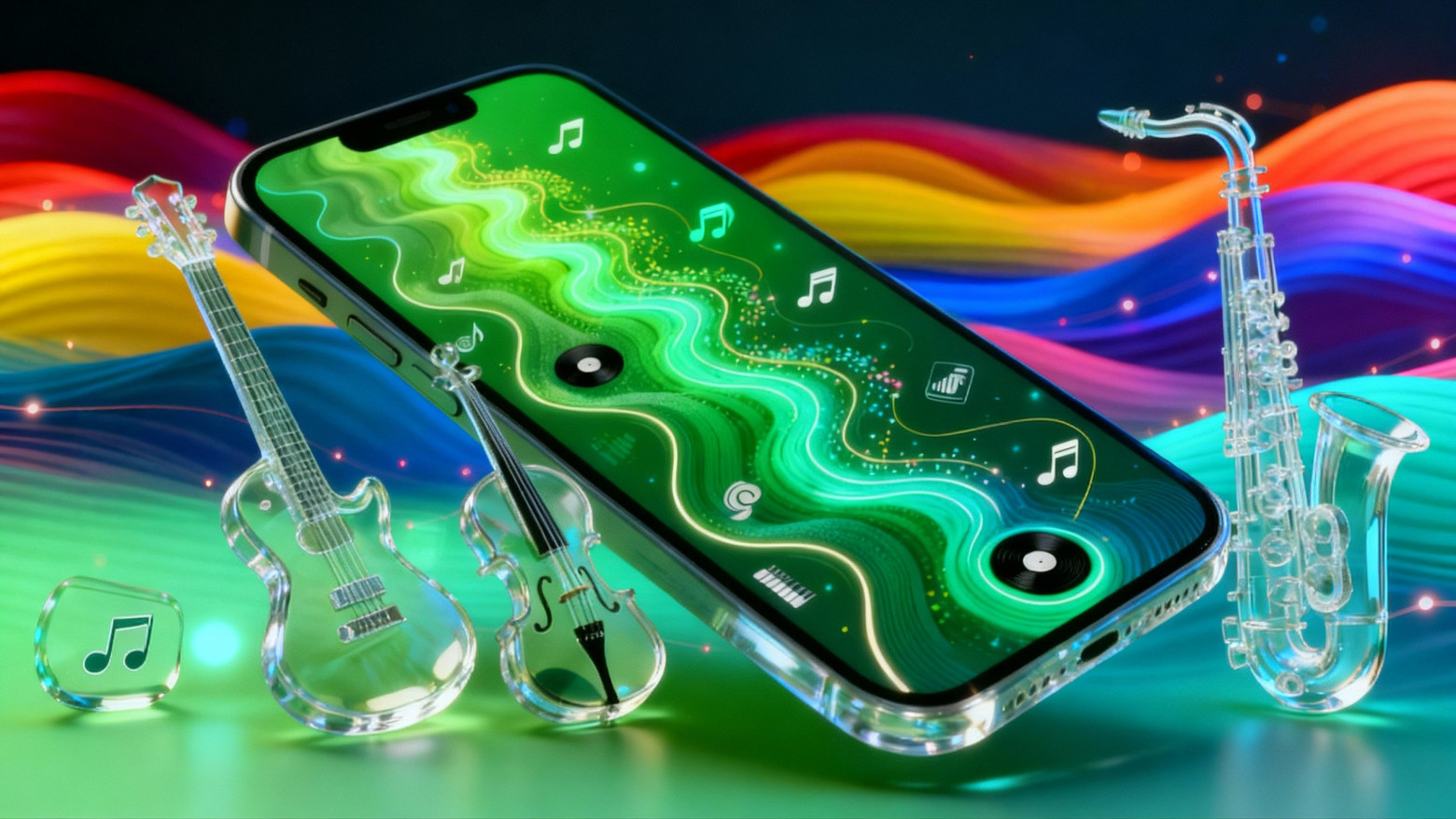 Промпт: Визуализация алгоритма рекомендаций: на экране смартфона изображена бесконечная река из разноцветных волн, каждая из которых представляет собой музыкальный жанр, плавно переходящий в следующий