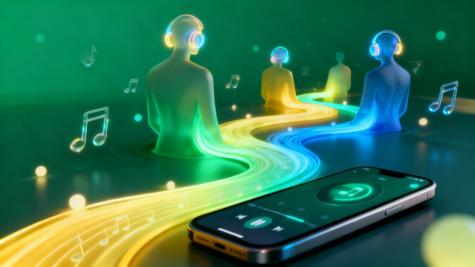 Промпт: Визуальная метафора потоковой генерации: мощный поток музыки, похожий на реку или северное сияние, разделяется на множество персональных ручейков‑рекомендаций, каждый из которых течёт к своему слушателю. Динамичная, плавная, органичная цифровая живопись.