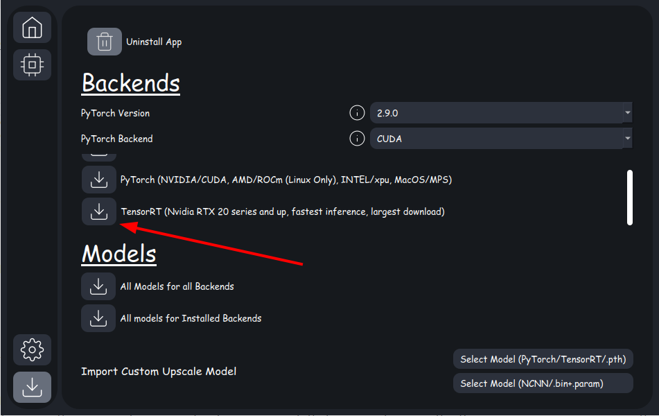 Меню установки TensorRT