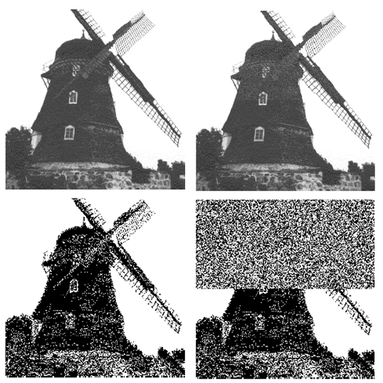 Пример LSB-стеганографии. Слева пустой контейнер, справа — заполненный. На первый взгляд разницы между картинками нет, но если сформировать изображение только из LSB-пикселей, становятся заметны следы вложения