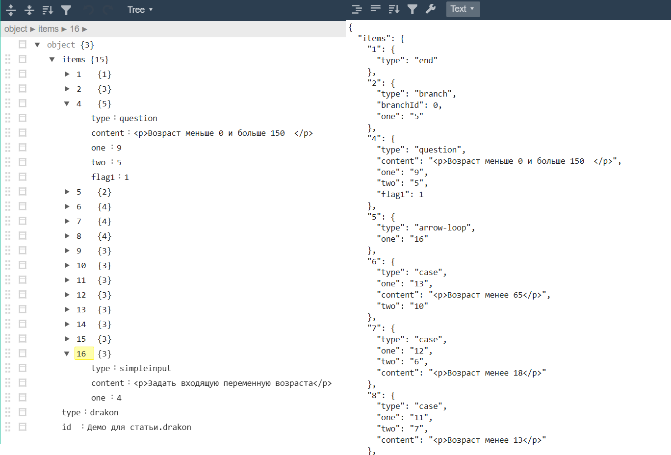 ДРАКОН-схема представленная в JSON в виде дерева и текста