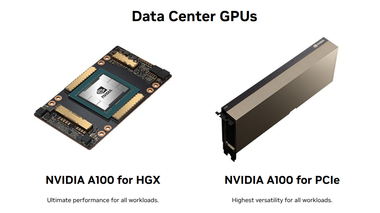 Видеокарта NVIDIA A100 в двух исполнениях. Источник.