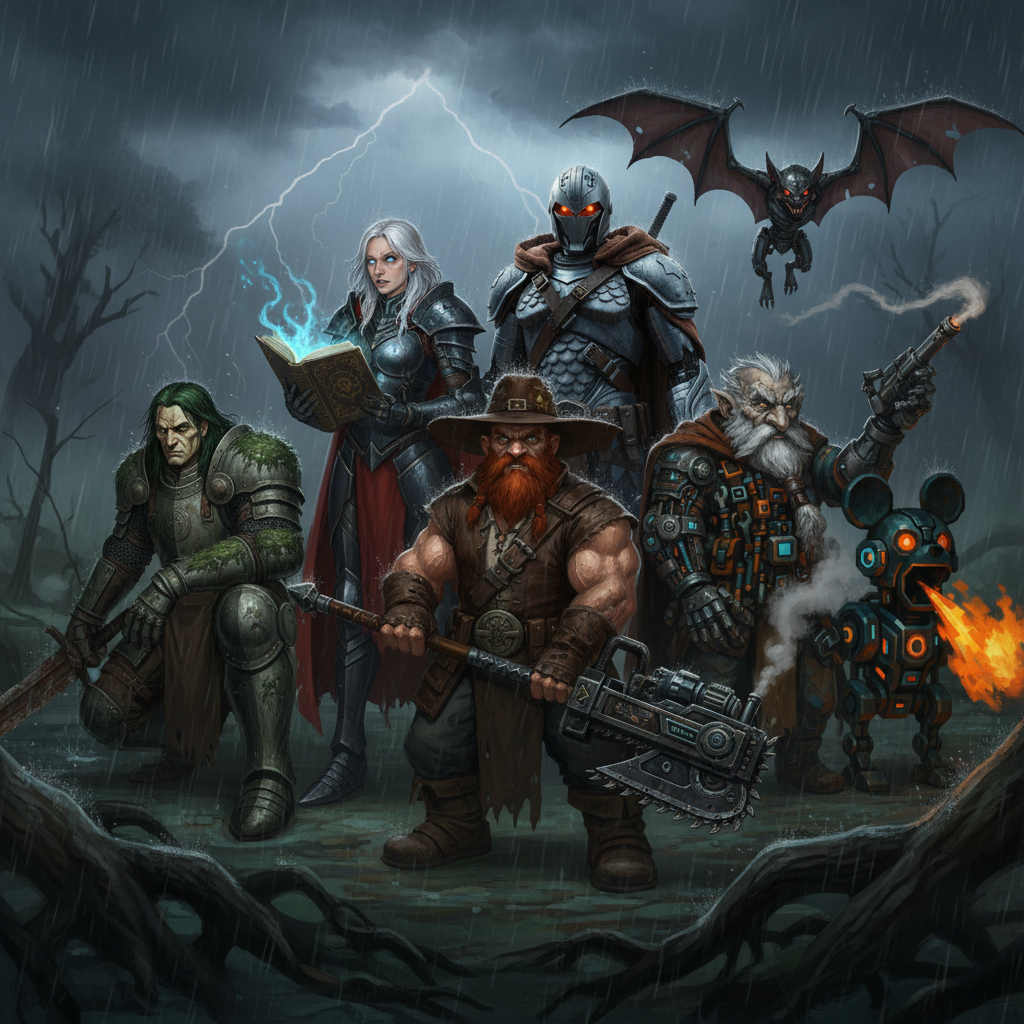 Вот так выглядит наша команда. БУРЯ СТОЛЕТИЯ! Да, генерации могут отличаться визуально, но главное вайб! Мой персонаж справа - артифицер Вольфганг Фон Фуфельштосс, по кличке "фуфел". И его боевая мышь и летающая боевая мышь. 