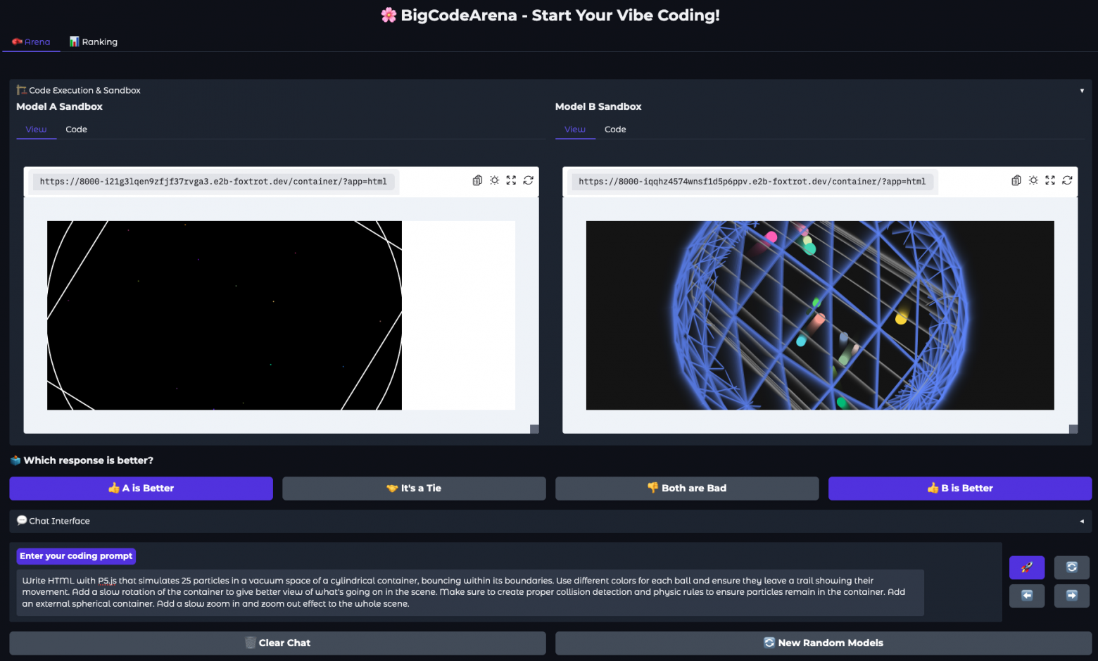 Интерфейс BigCodeArena: две стороны A/B, встроенный запуск, просмотр кода и голосование