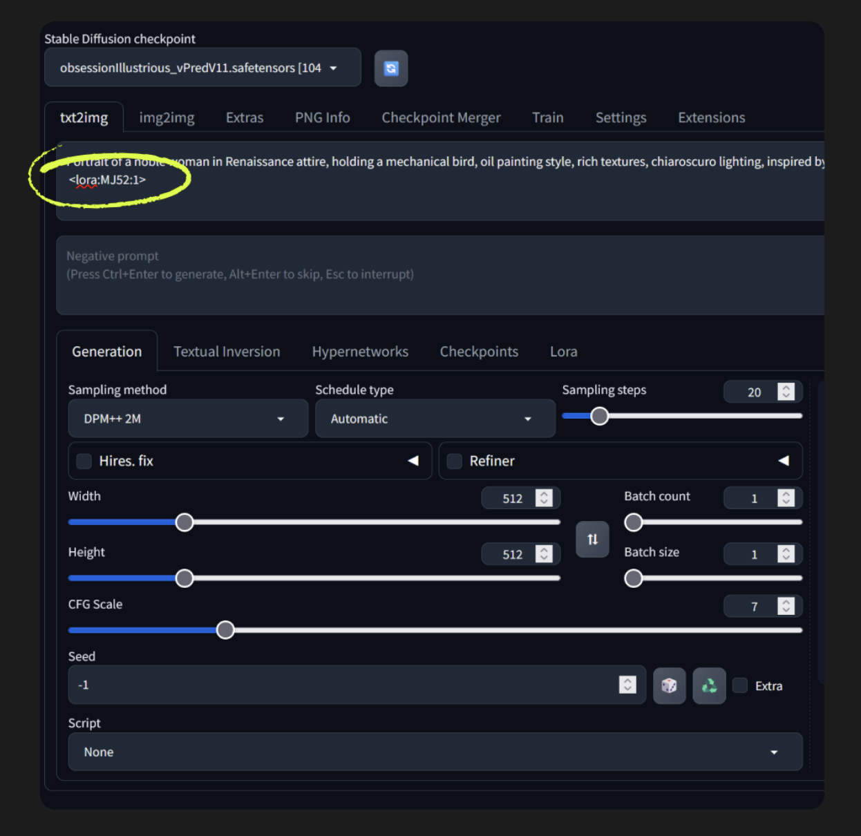 В Stable Diffusion LoRA можно подключить там же, где мы пишем промпт. Вы загружаете ее и указываете, насколько сильно она будет влиять на изображение  
