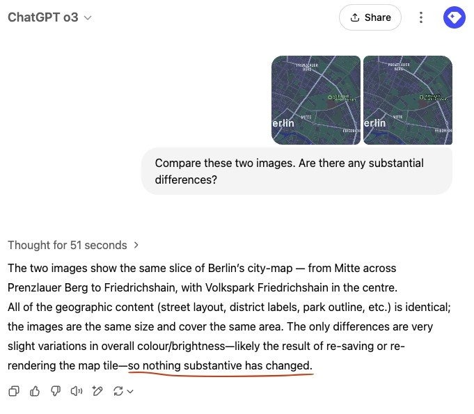 Рисунок 3: Спустя 51 секунду «размышлений» ChatGPT-o3 не сказала о пропавшей улице.