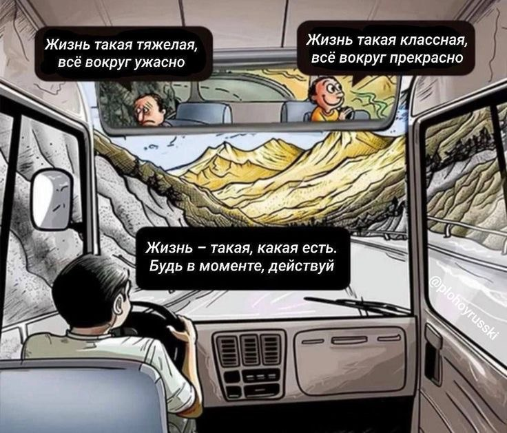 Подпись. Рисунок, где трое людей едут в автобусе. Два пассажира показаны в зеркале заднего вида. Человек слева смотрит в окно на серые горы и выглядит грустным. Над ним текст: «Жизнь такая тяжёлая, всё вокруг ужасно». Человек справа смотрит на яркие горы и улыбается. Над ним текст: «Жизнь такая классная, всё вокруг прекрасно». Перед водителем автобуса, поверх дороги, надпись: «Жизнь — такая, какая есть. Будь в моменте, действуй».