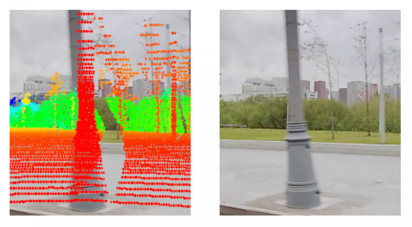 Проблема: слепая зона лидара, вызванная расхождением в позиции съёмки камеры и лидара.