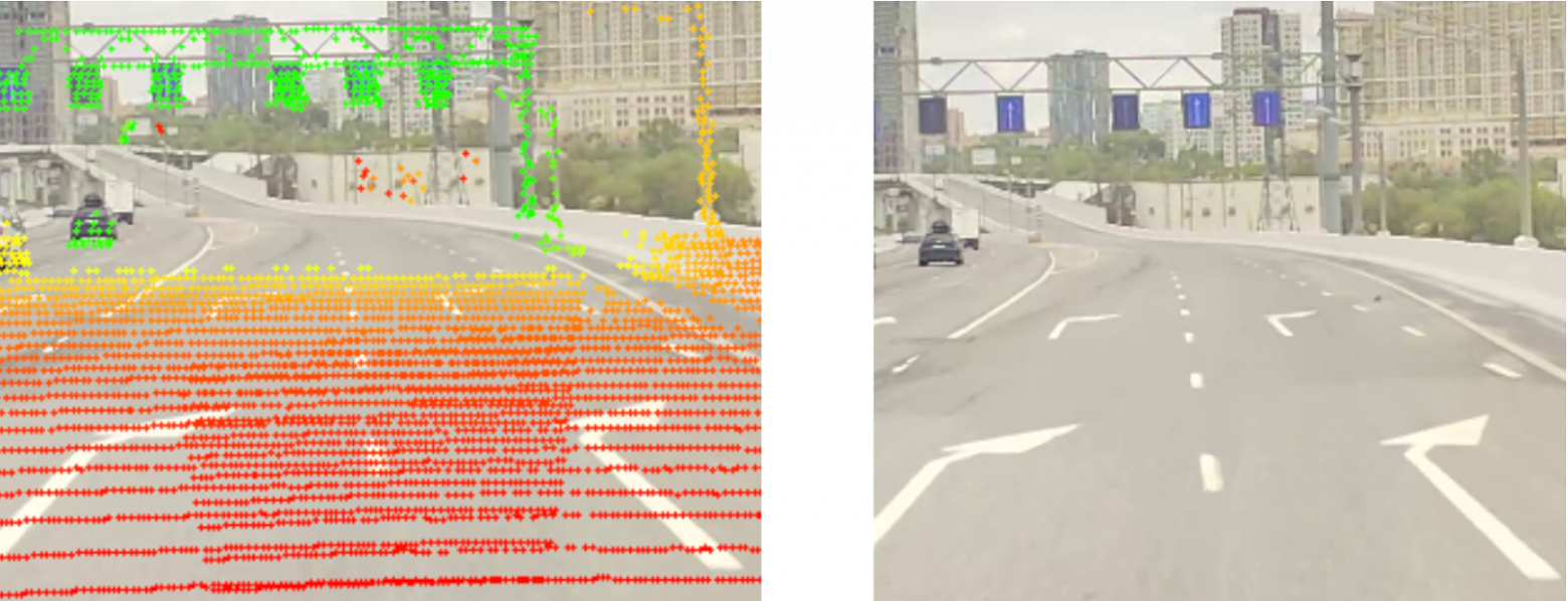 Проблема: большой угол падения — видно, что с какого-то момента мы перестаём видеть дорогу и отбойник (лидар при этом чистый)