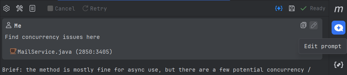 Кнопка редактирования промпта для предыдущих сообщений в чате агента