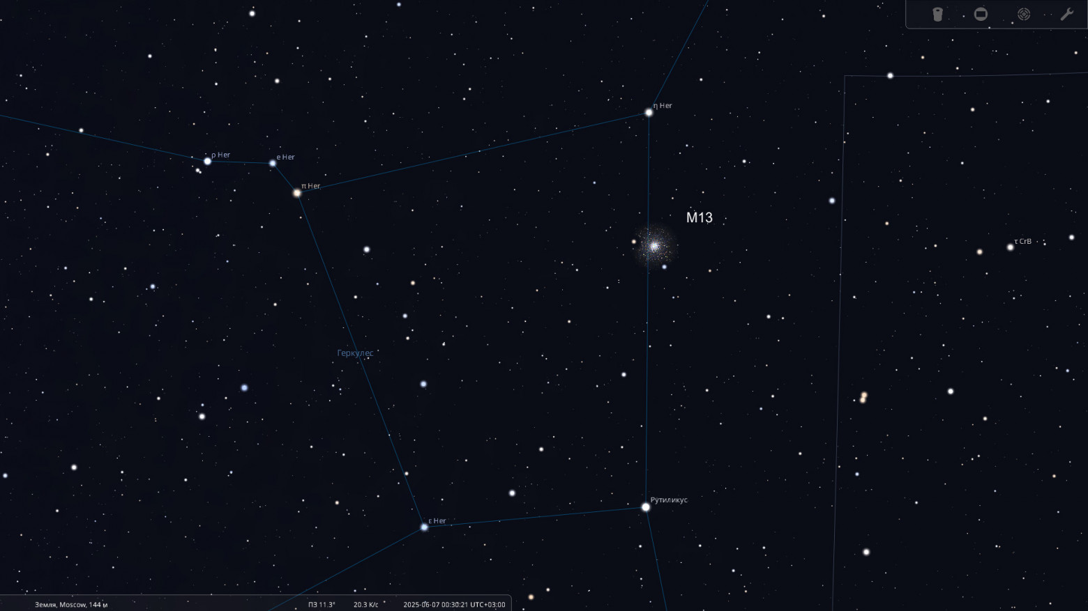 Расположение шарового звёздного скопления M13 относительно звёзд Трапеции Геркулеса  