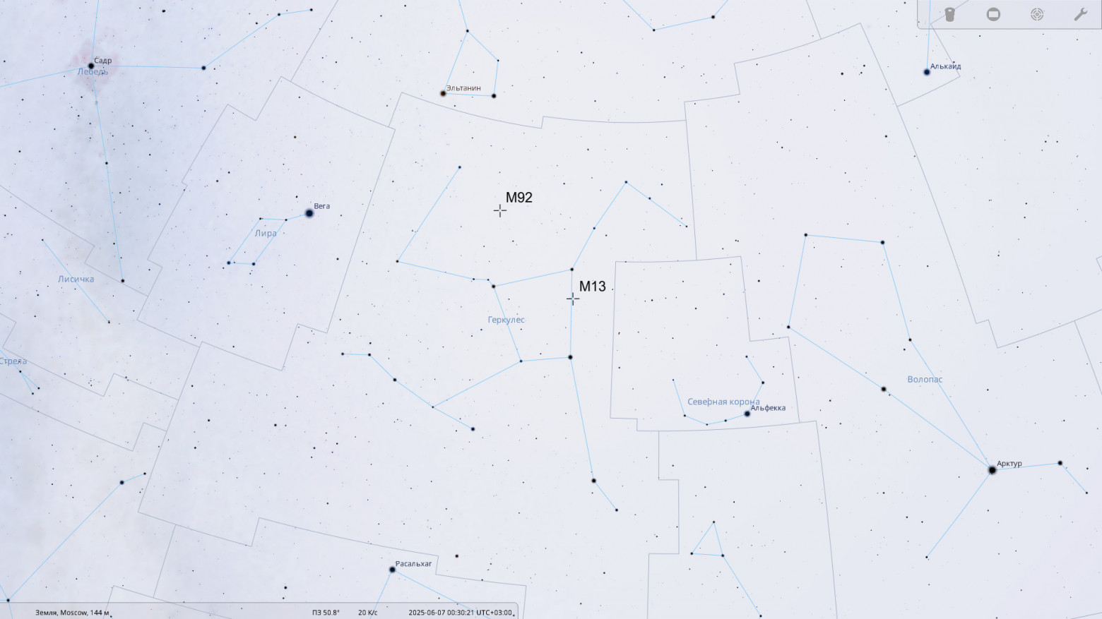 Расположение шаровых звёздных скоплений M13 и M92 на звёздной карте в созвездии Геркулеса.Изображение является скриншотом программы Stellarium  
