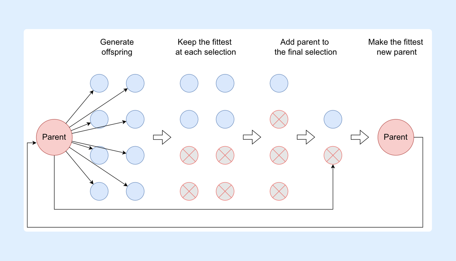 Cхематическое изображение процедуры эволюционного поиска