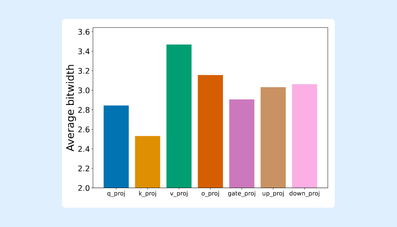 Распределение битности в зависимости от типа проекции. Чем выше столбец, тем выше средняя точность представления весов