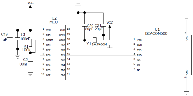 Принципиальная схема подключения модуля Bluetooth Beacon600 к основному управляющему чипу.