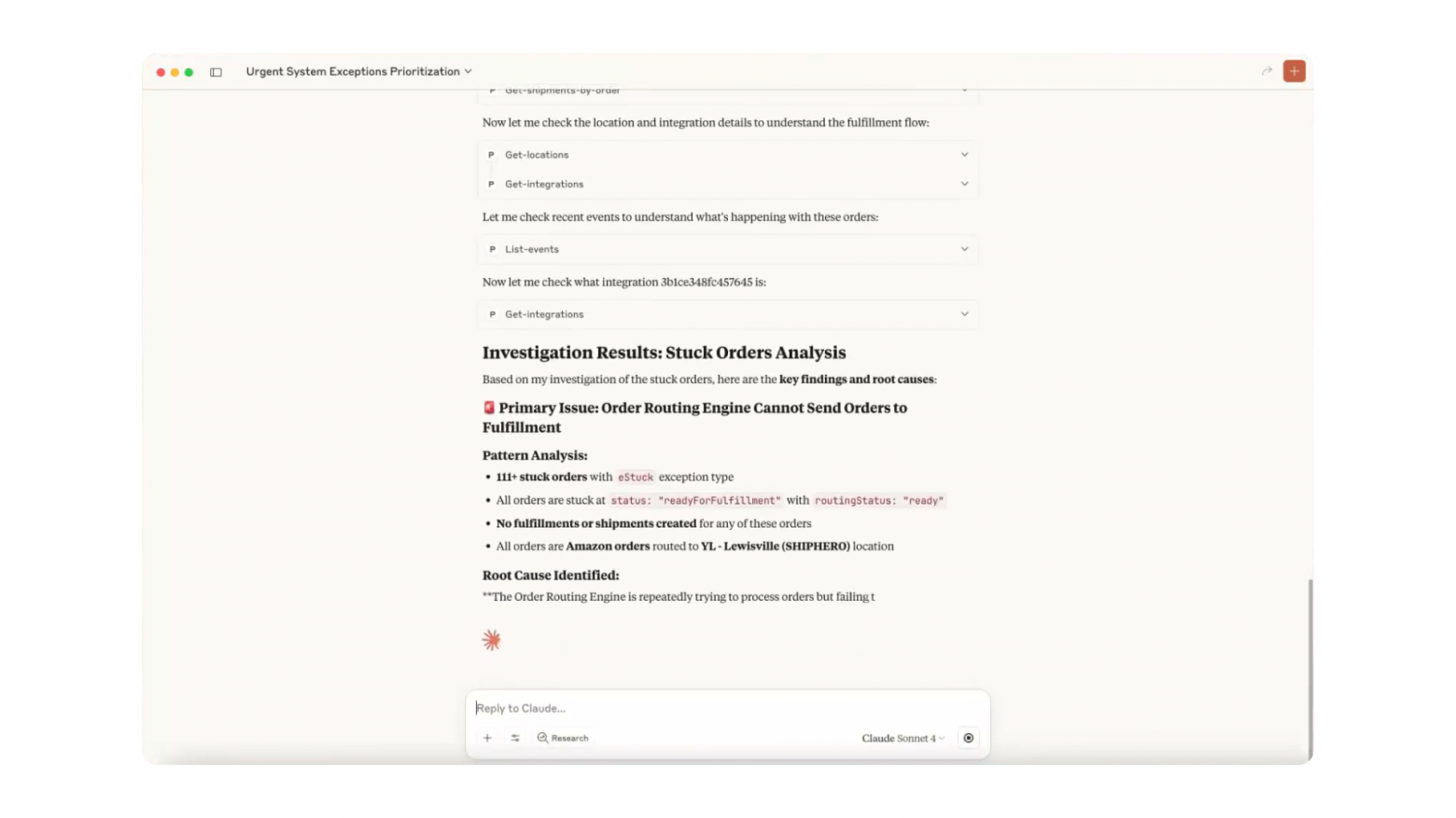 MCP в системе фулфилмента находит причину застрявших заказов.
