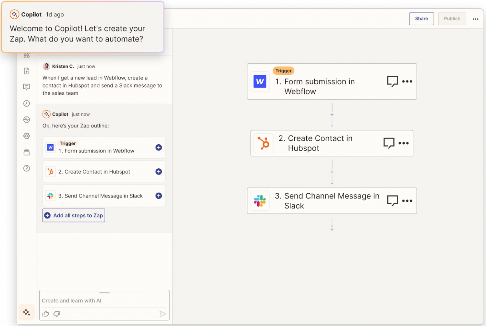 AI copilot Zapier создает рабочий процесс на основе запросов пользователя. Источник: Zapier