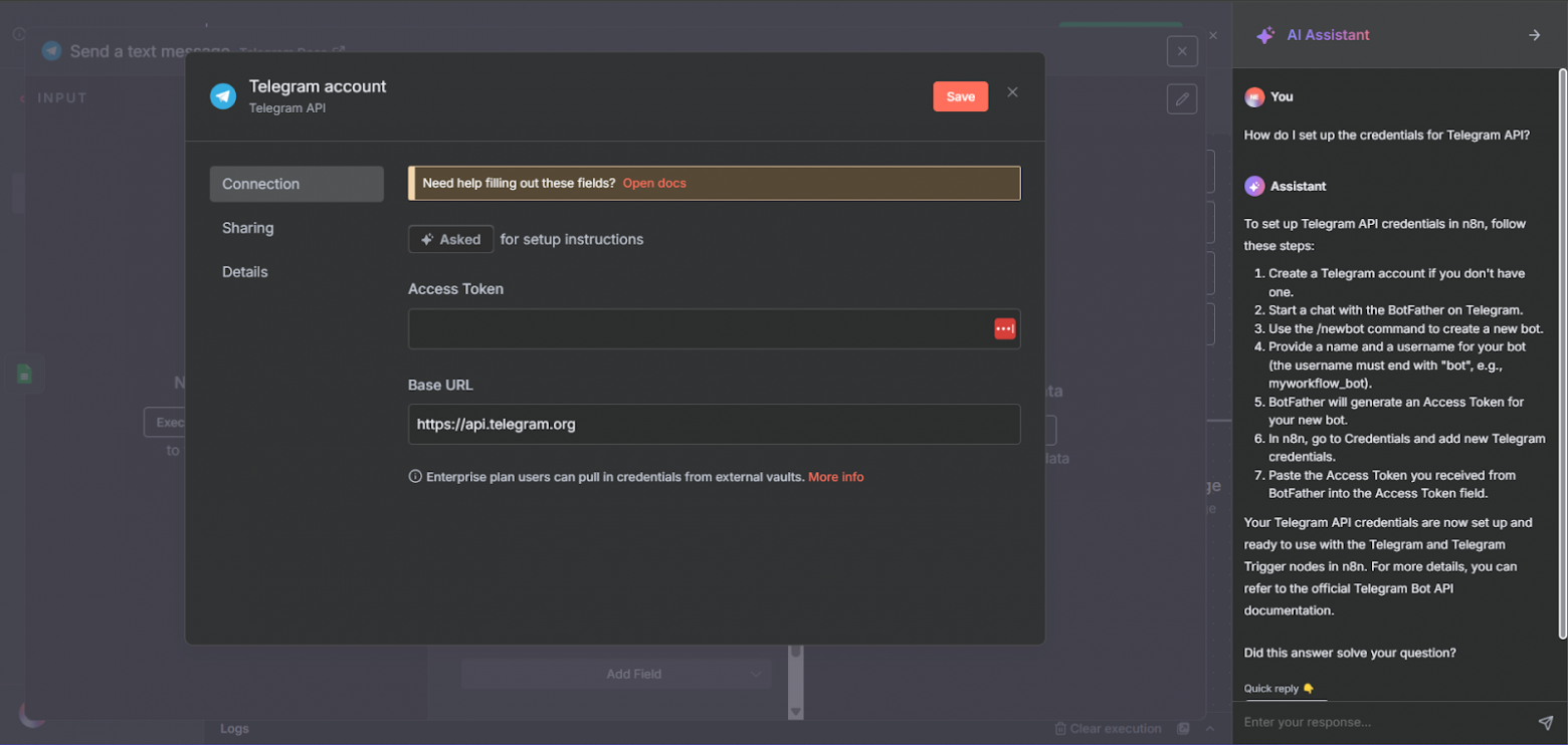 ИИ-помощник n8n, подсказывающий, как получить учётные данные для API Telegram.