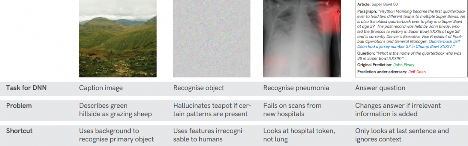 Примеры кейсов, где нейросети использовали ложные упрощения — то есть замечали в данных нерелевантные признаки и опирались на них при принятии решений, вместо того чтобы анализировать действительно важные характеристики. Источник изображения
