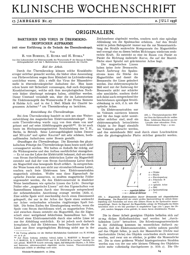 Статья 1938 года, написанная на немецком языке, в которой Руска и фон Боррис впервые поделились своими электронными микрофотографиями Bacterium coli, Bacilli и вирусов