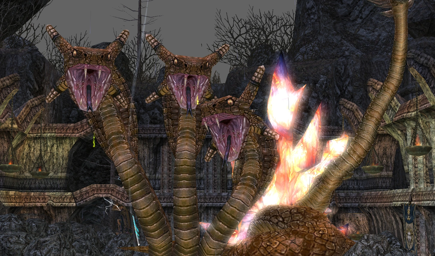 Сражение с гигантским трилиском из Dungeon Siege II и споры полугиганта с дриадой я помню до сих пор. Как и двойную встречу с подбитым драконом.