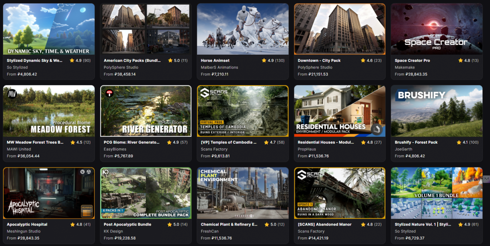 Топ продаж магазина Fab, заменившего Unreal Engine store. Как видите, на один пакет стилизованных растений приходится 6 сканов природы и 4 приближенных к реализму города.